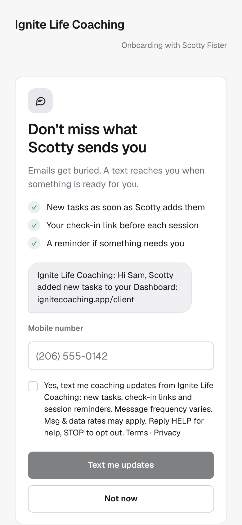The optional Get texts screen during onboarding in Atlas, before payment, for Ignite Life Coaching: an empty mobile number field, an unchecked consent box, a disabled Text me updates button and a Not now button
