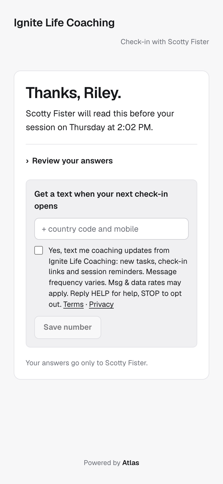 The check-in finish screen with the same unchecked consent box, wording and Terms and Privacy links